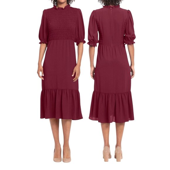 London Times Women's Smocked Bodice Tiered Midi Dress Red Size 12 - Picture 1 of 13